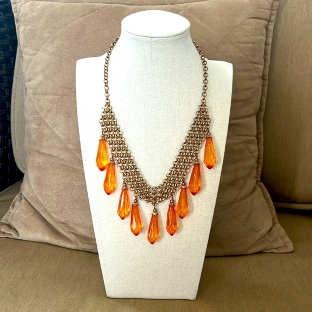 Retro Chain Mail Mesh Bib Necklace with Orange Tear Drop Faceted Pendants